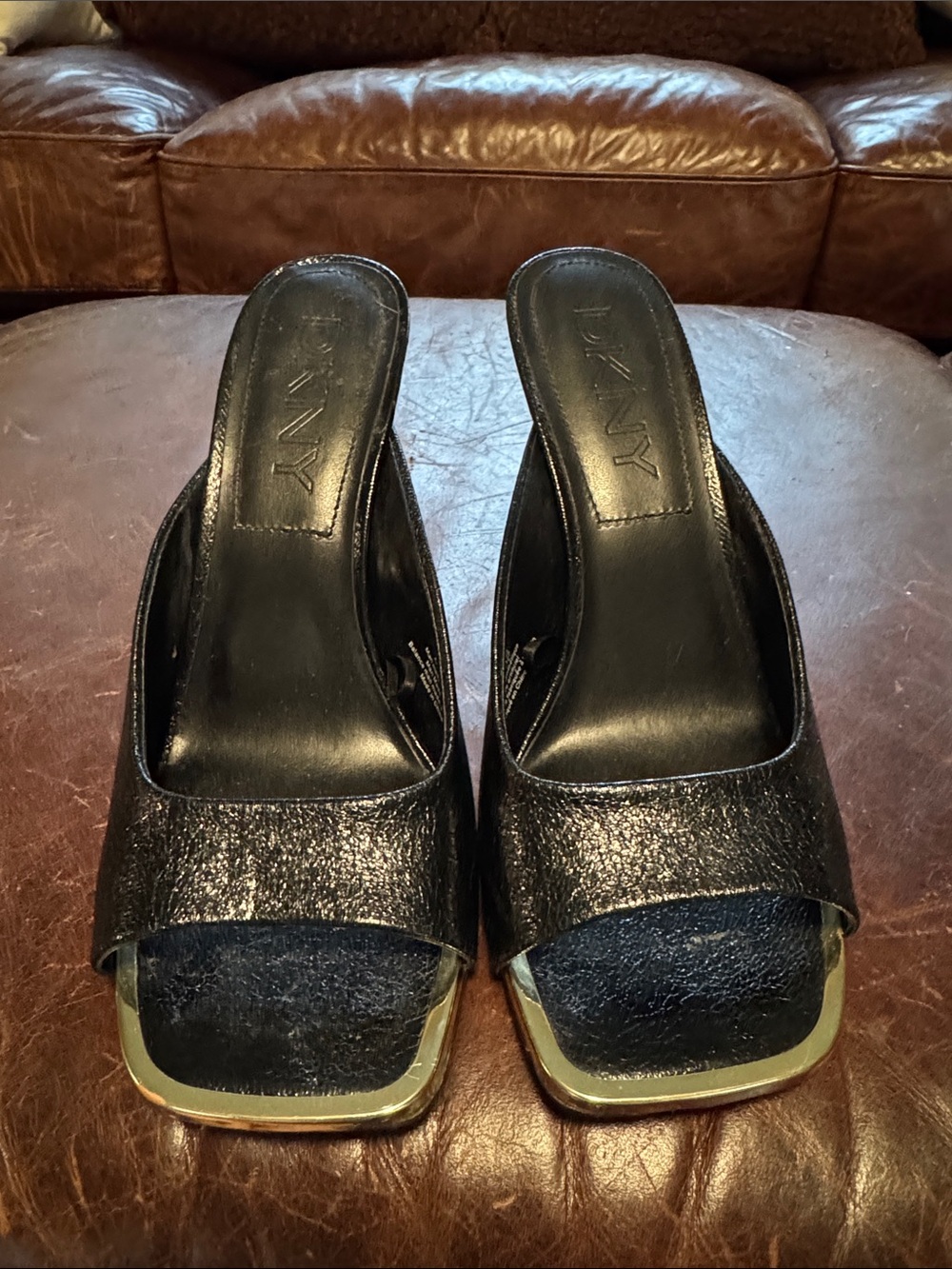 DKNY Black Slide Mules with Gold Trim
